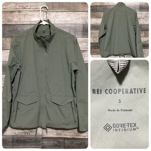 Rei Cooperative Goretex Infinium Jacket Sz S Green Gray Full Zip Windbreaker
